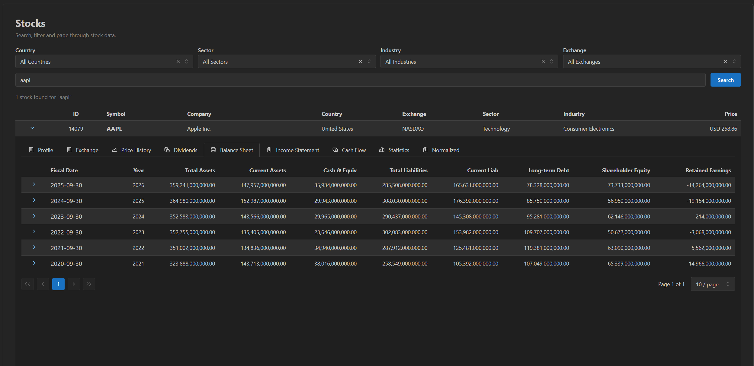 Balance sheet history with per-row inspect
