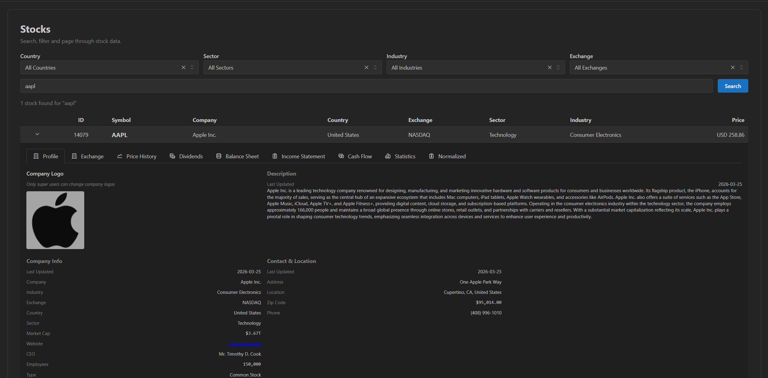 Stock search across the imported universe